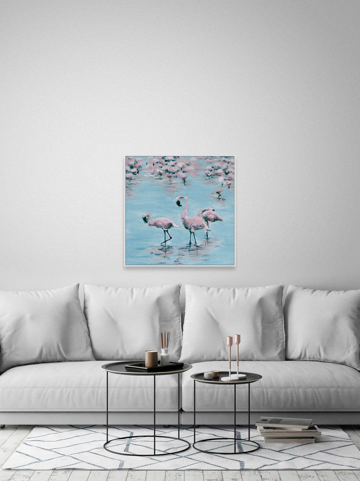 "Three Flamingos" Floater Framed Painting Print on Canvas, 48"x48"