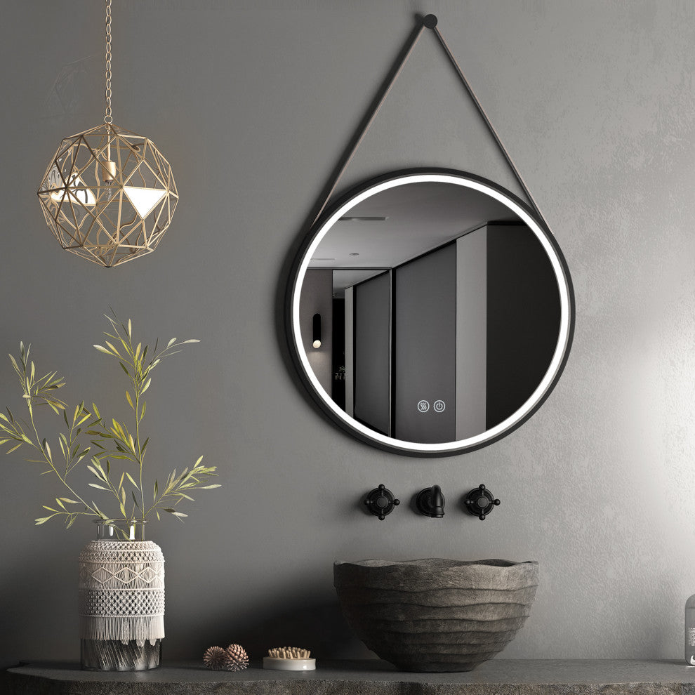 32'' Round Metal Framed Smart 3-Color Dimmable Anti-Fog LED Vanity Mirror, Black
