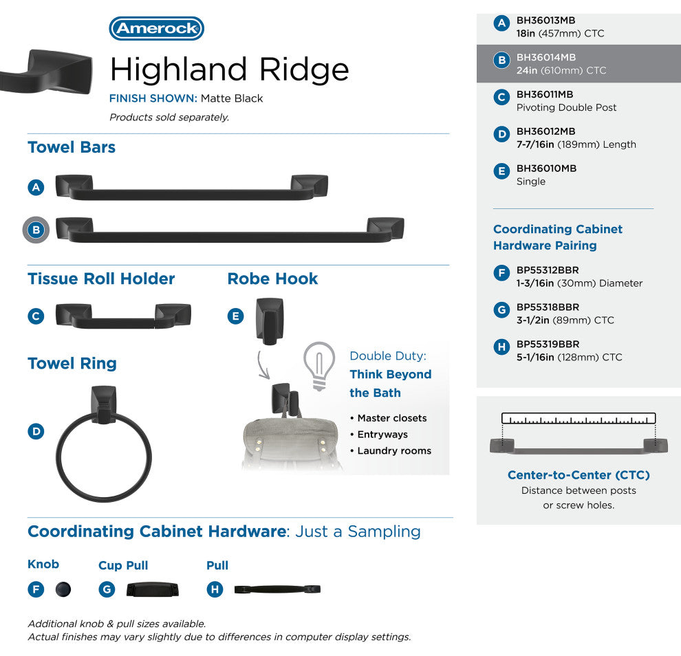 Amerock Highland Ridge Transitional Towel Bar, Matte Black, 24" Center-to-Center