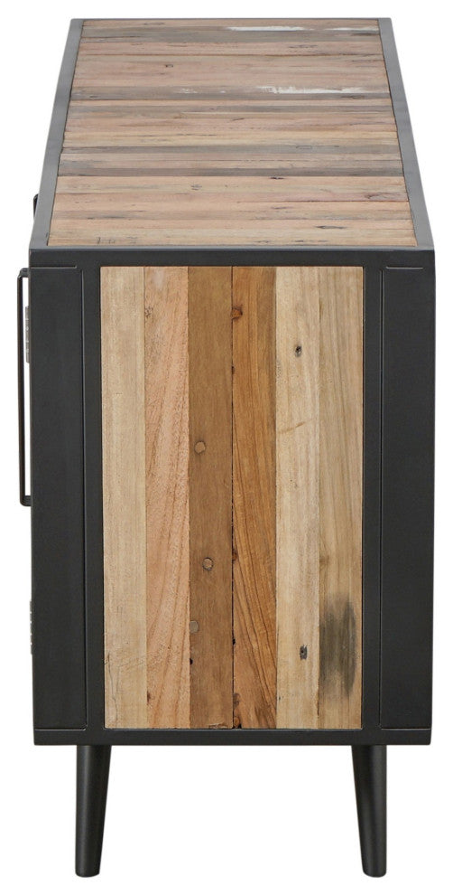 Rustic Black Natural and Rattan Media Cabinet With Three Doors