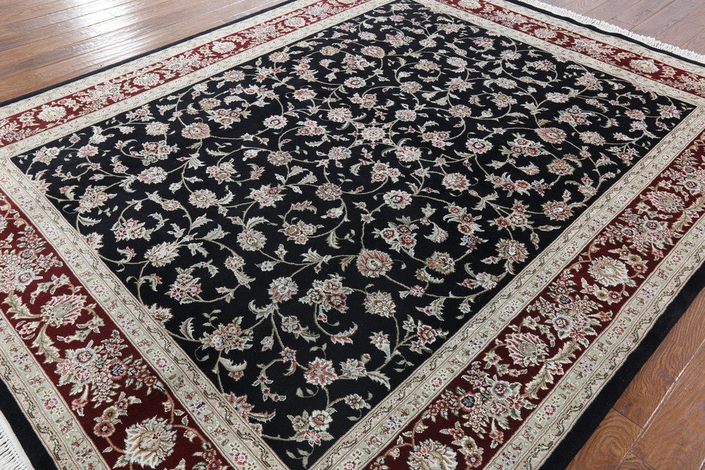 8'x10' Black Herati Design Floral Wool & Silk Tabriz Hand Knotted Area Rug H8798