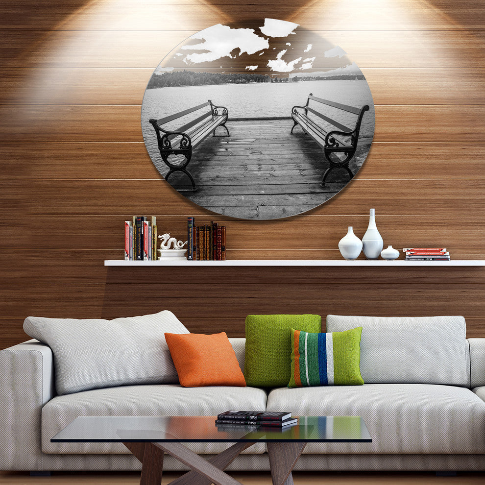 Benches On Bridge By Water Side, Bridge Disc Metal Artwork, 23"