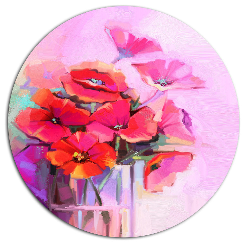 Bouquet Of Poppies In Glass Vase, Modern Floral Disc Metal Artwork, 11"