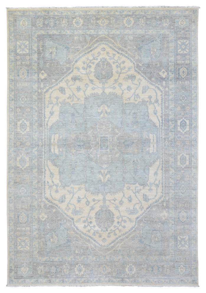 Ivory, White Wash Peshawar Organic Wool Hand Knotted Rug, 6'2"x8'9"
