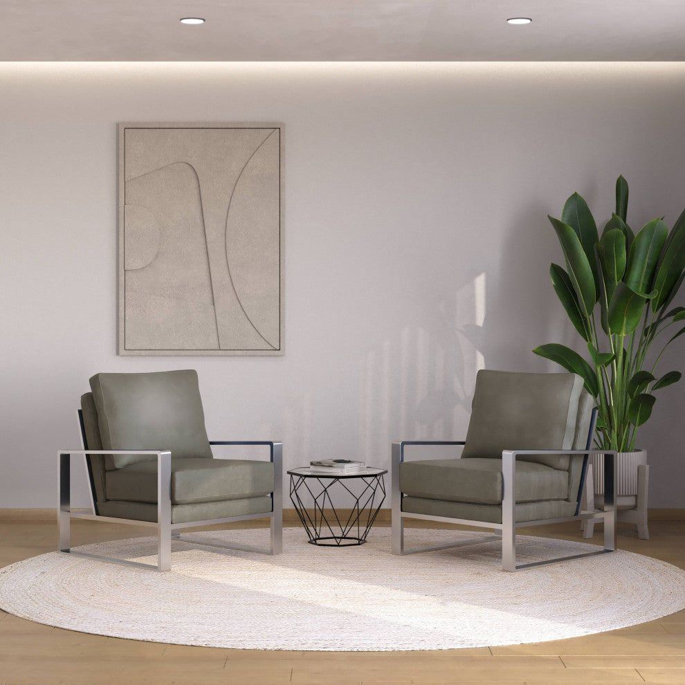 LeisureMod Jefferson Arm Chairs With Silver Frame and Coffee Table, Gray