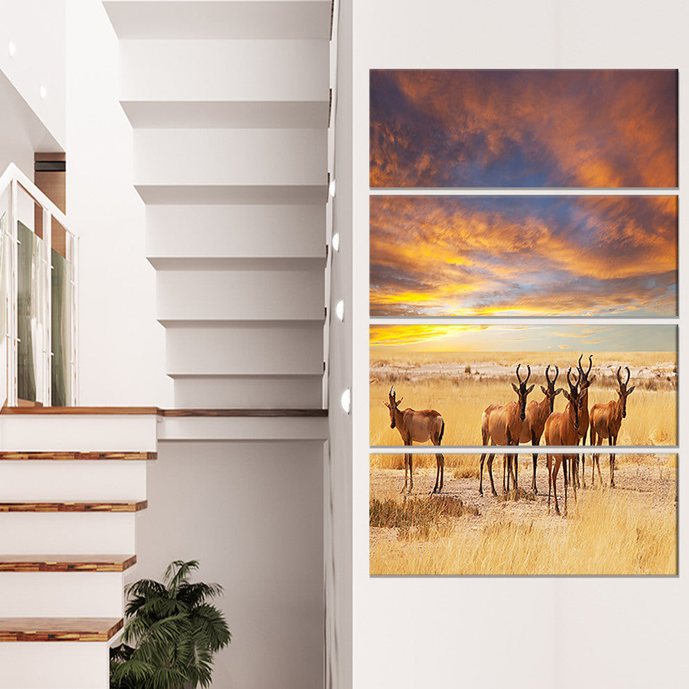 Herd of Antelope in Etosha Park, African Landscape Canvas Art, 28"x48", 4 Panels