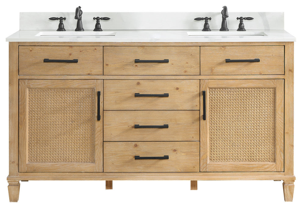 Solana Bathroom Vanity with Calacatta White Quartz Stone Countertop, Weathered Fir, 60", Without Mirror