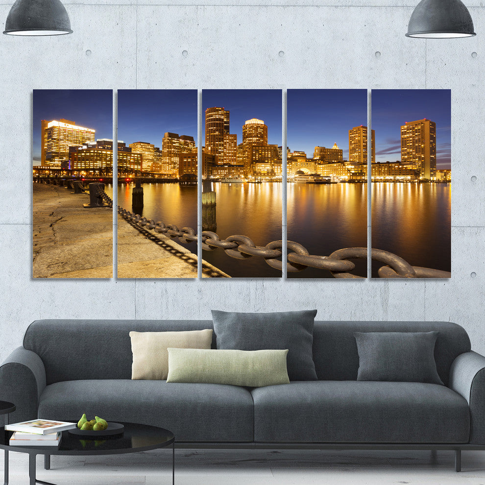 USA Skyline from Fan Pier at Night, Cityscape Canvas Print, 60"x28", 5 Panels