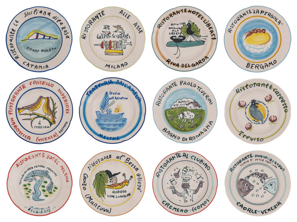 Stoneware Plate Set with Hotel Restaurant Image Styles, Multicolor, Set of 12