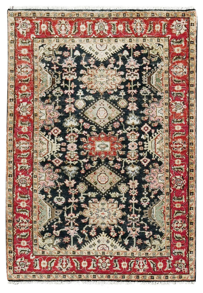 Black With Red Karajeh Design Hand Knotted Wool Oriental Rug, 4'2"x6'