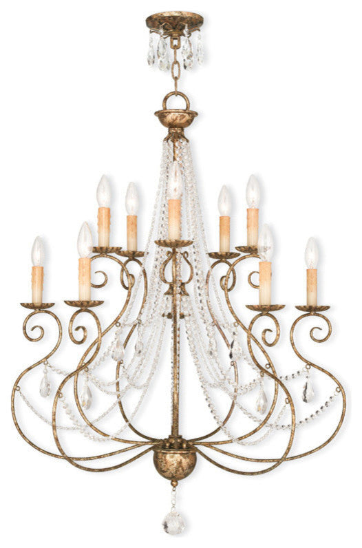 Chandelier With Clear Crystals, Hand-Applied European Bronze