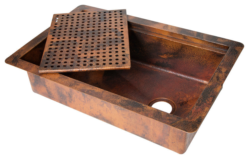 33" Drop-in One Bowl Hammered Copper Kitchen Sink w/ Removable Grill, 16 Gauge