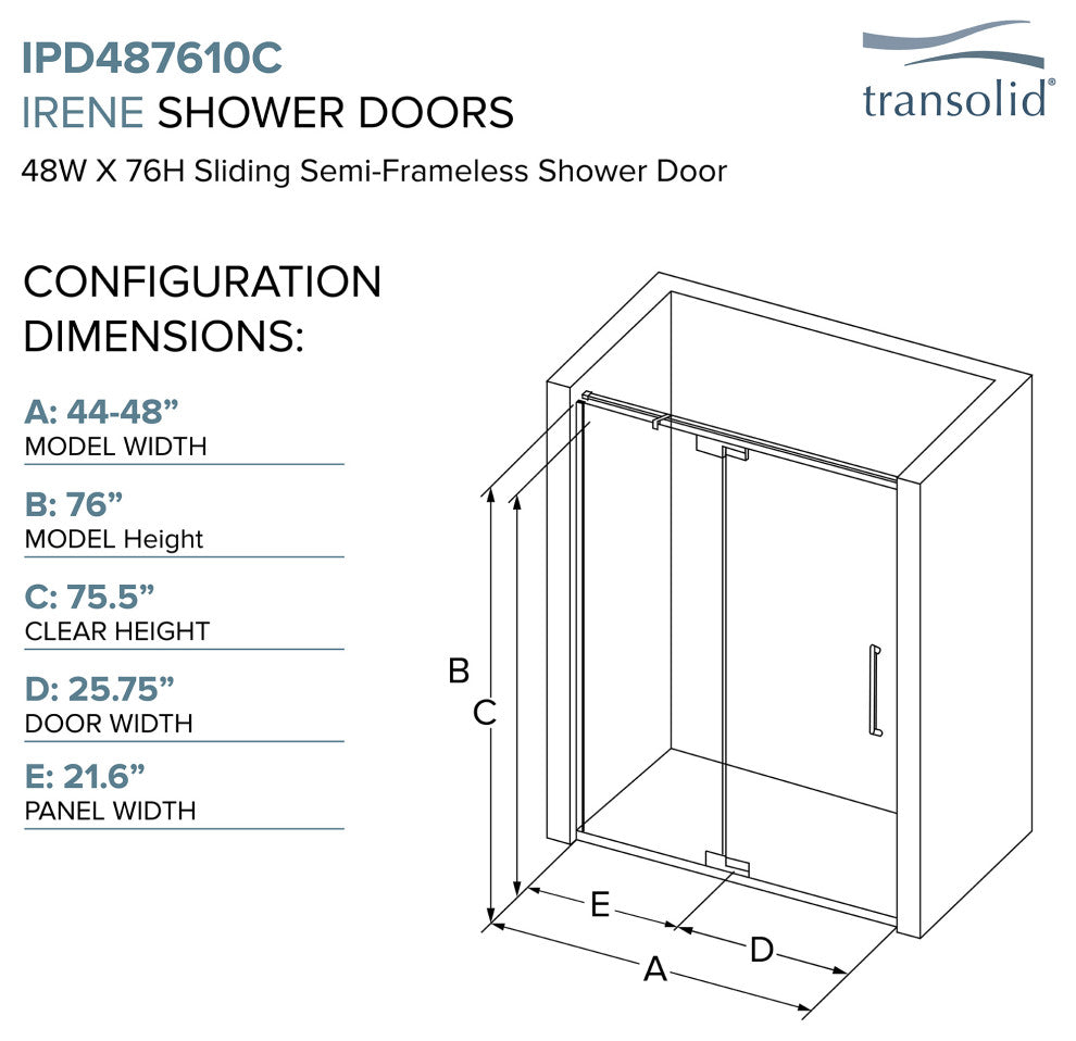 Transolid Irene 48"W x76"H Pivot Shower Door in Matte Black with Clear Glass