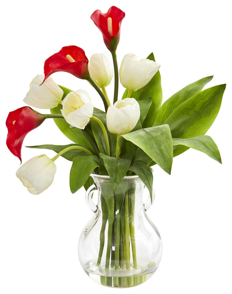 Nearly Natural Calla Lily & Tulips Artificial Arrangement in Decorative Vase