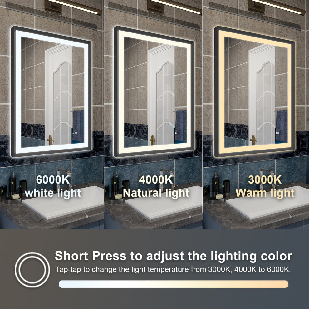 Beveled Bathroom LED Mirror Framed, Backlit and Front Light, Matte Black, 24"x32"