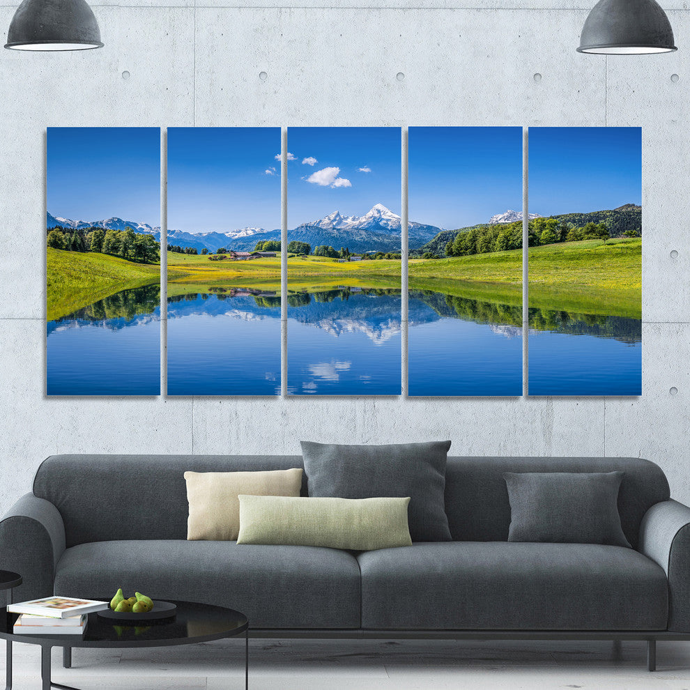 Summer with Clear Mountain Lake, Landscape Canvas Art Print, 60"x28", 5 Panels