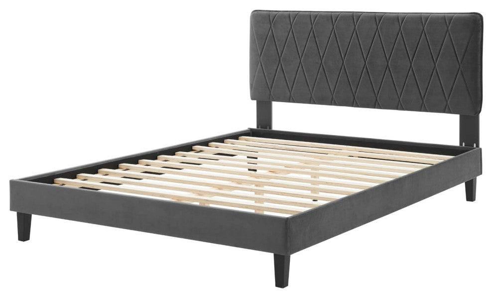 Platform Bed Frame, King Size, Velvet, Dark Gray, Modern Contemporary