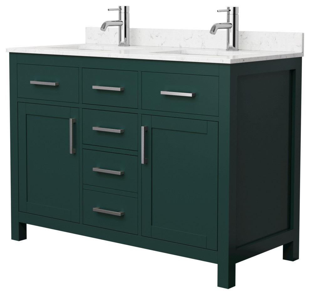 48"DBL Bathroom Vanity Green, Carrara Cult.Marble Countertop, Sinks, Nickel Trim