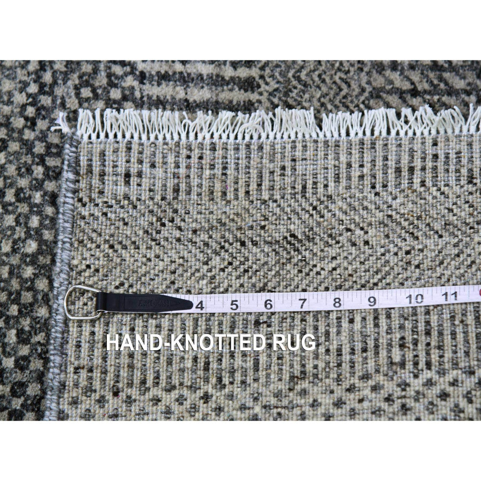 Rustic Gray Grass Design Hand Knotted Undyed Wool XL Runner Rug, 2'5"x15'10"