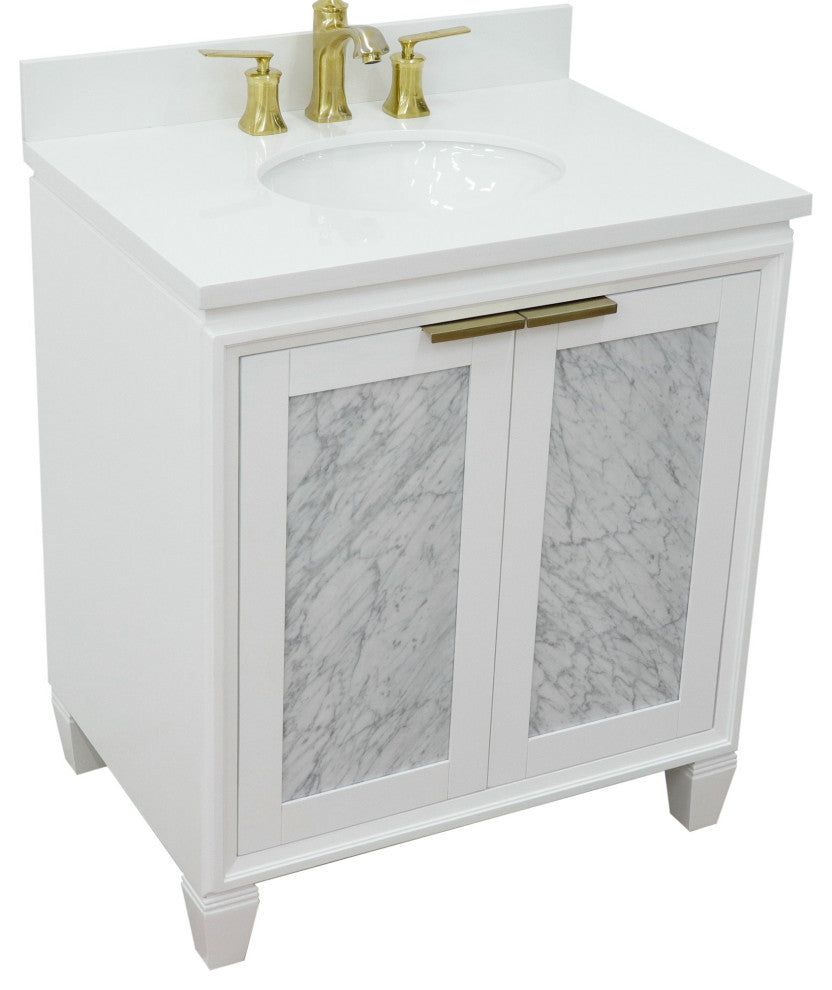 31" Single Sink Vanity, White Finish With Engineered Stone Top With Oval Sink