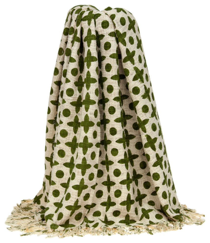 Olive Green and Beige Cotton Woven Handloom Throw