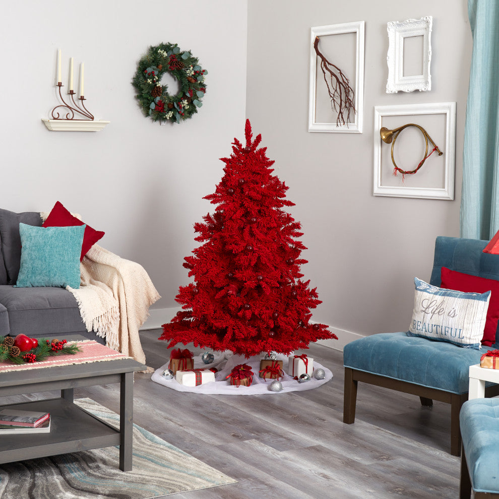 5' Red Flocked Fraser Fir Christmas Tree / 250 Red Lights, 26 Globe Bulbs