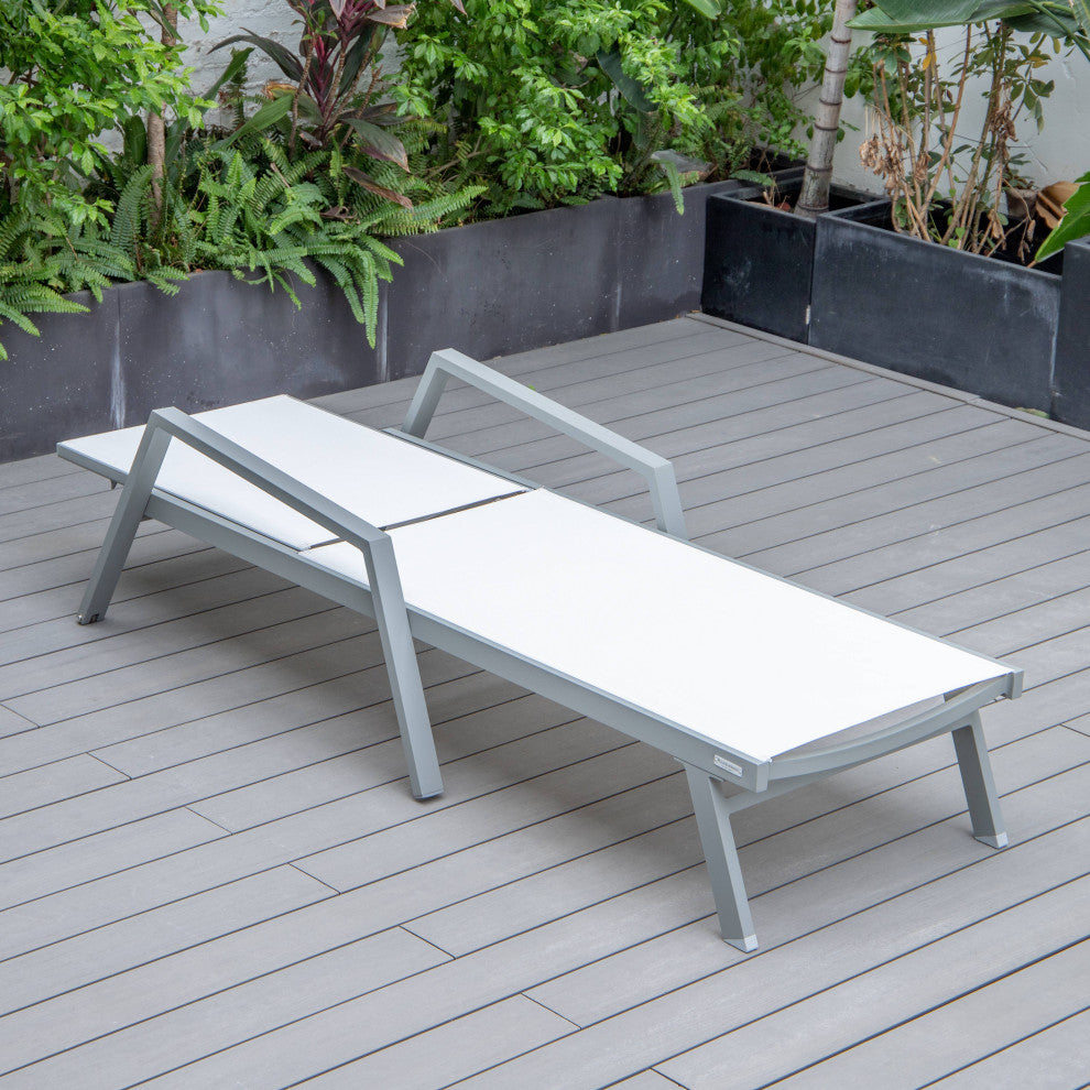 LeisureMod Marlin Patio Chaise Lounge Chair With Arms Gray Frame, White