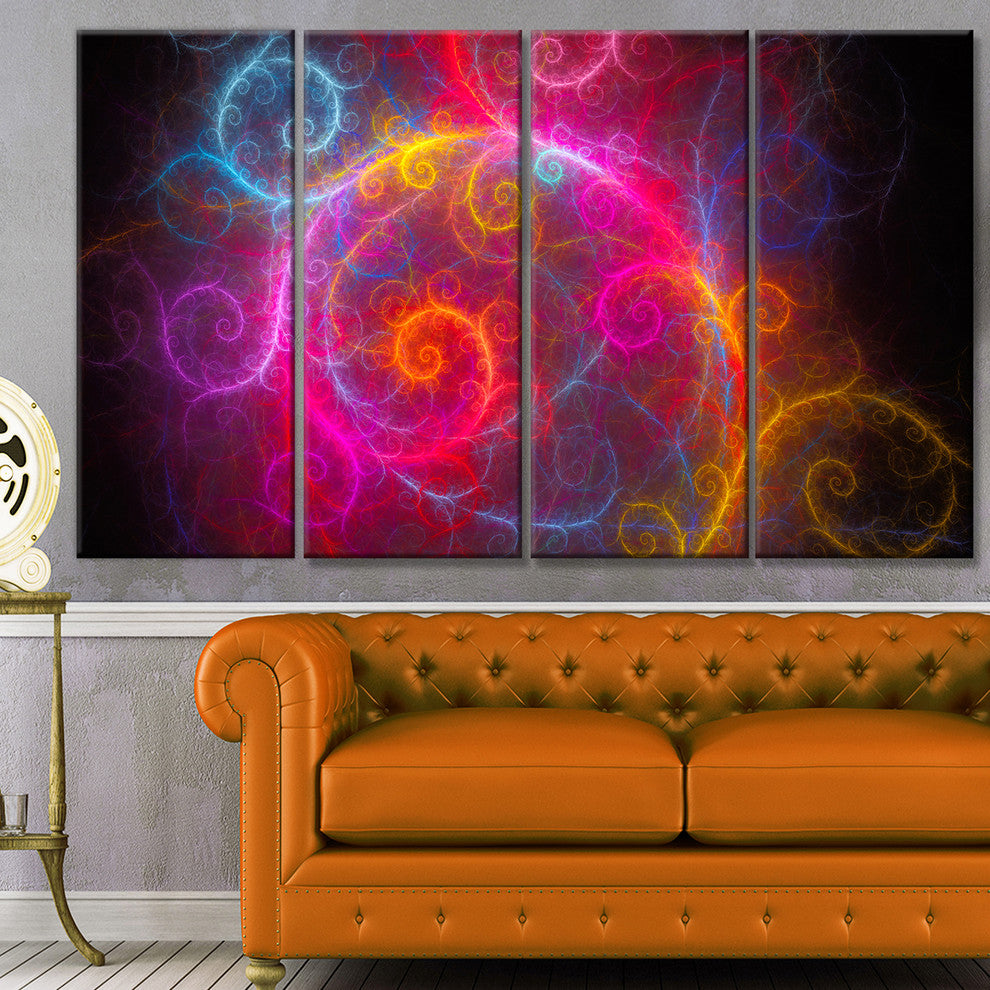 Beautiful Pink Pattern on Black, Abstract Wall Art Canvas, 48"x28", 4 Panels