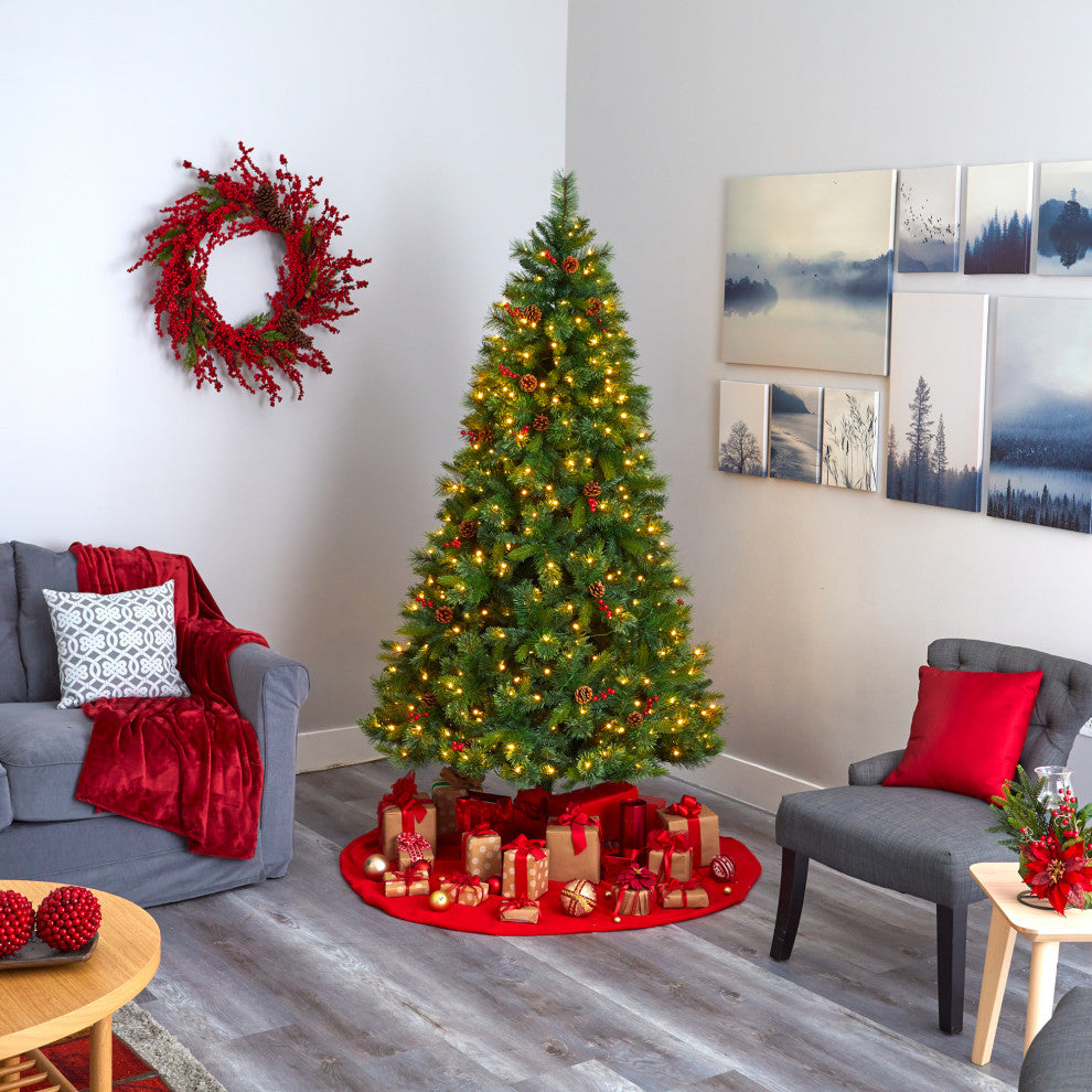 7' Aberdeen Spruce Faux Xmas Tree With 500 Clear Lights, Pinecones & Red Berries