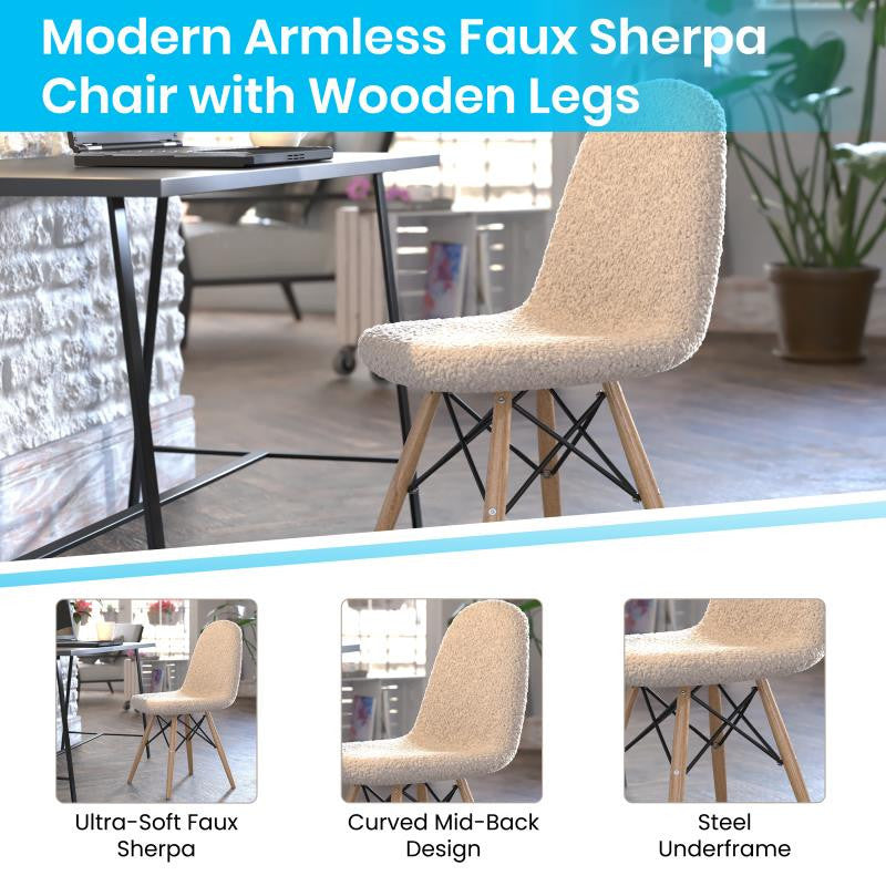 Zula Modern Padded Armless Faux Sherpa Accent Chair With Beechwood Legs, Off-Whi