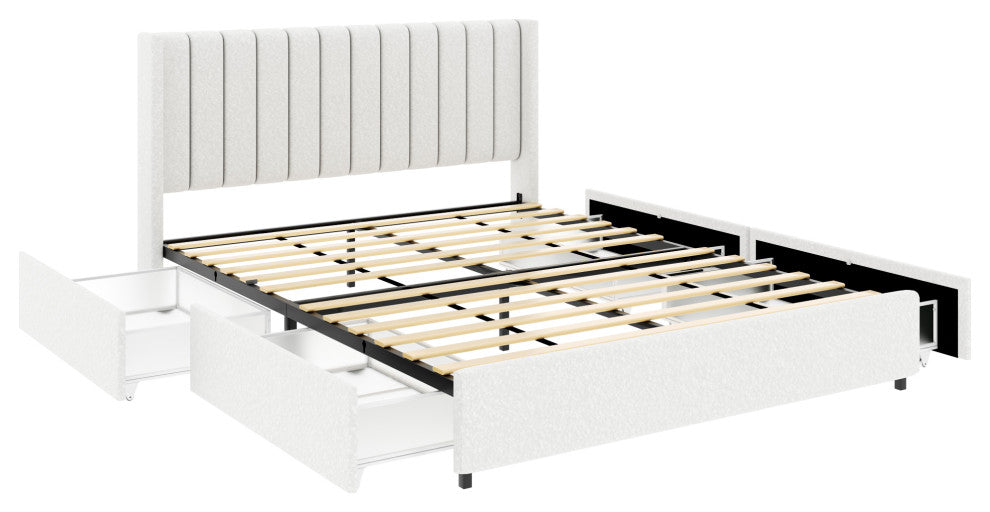 Qearl Queen Upholstered Platform Bed, 4 Storage Drawers, Tufted Headboard, Ivory