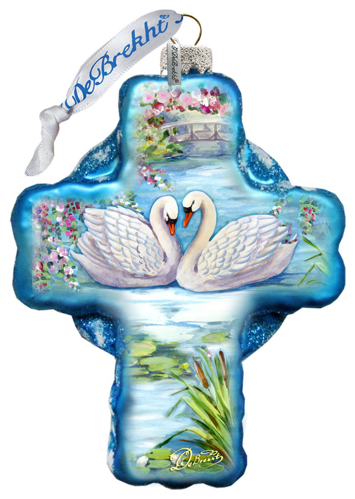 Love of Swans Cross Glass Ornament