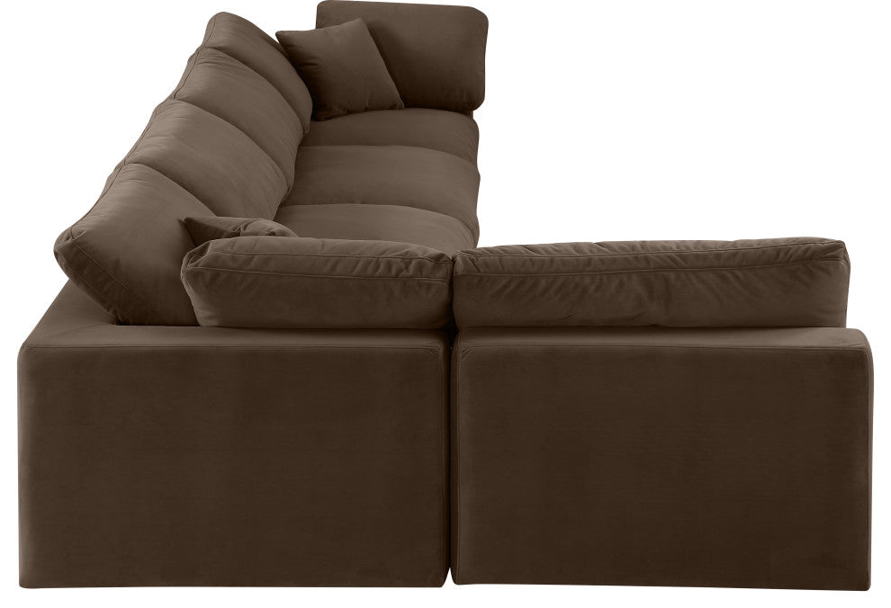 Comfy Upholstered L-Shaped Modular Sectional, Brown, 5-Piece: 3 Armless Chair, 2 Corner Chair, Velvet