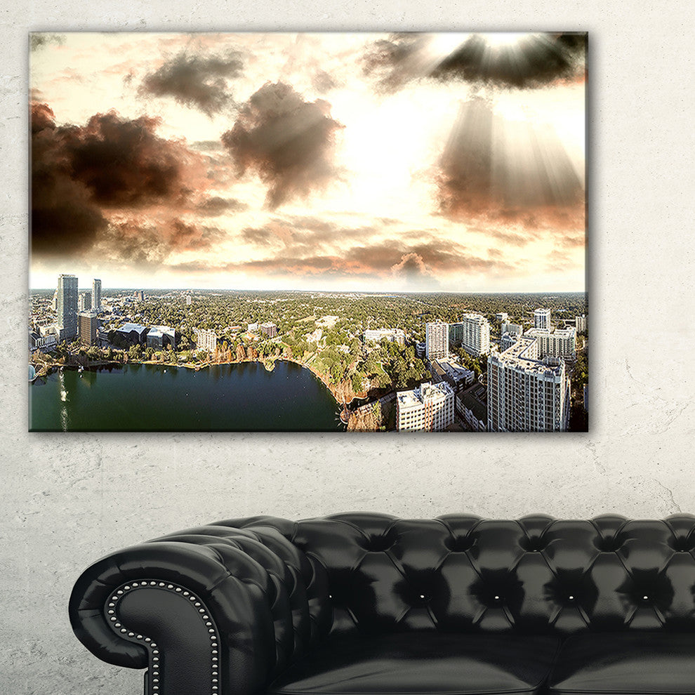 "Downtown Orlando Sunset Aerial" Seascape Art Canvas, 40"x20"