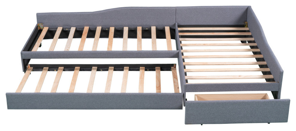 Gewnee Upholstered Double Twin Size Daybed with Trundle and Drawer in Gray