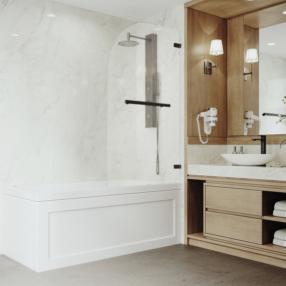 VIGO Orion 34" W x 58" H Frameless Hinged Tub Door, Matte Black, Clear Glass
