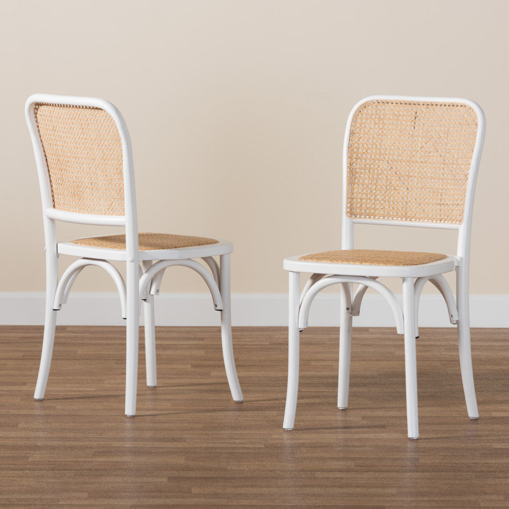 Neah Japandi White Wood and Natural Rattan 2-Piece Dining Chair Set