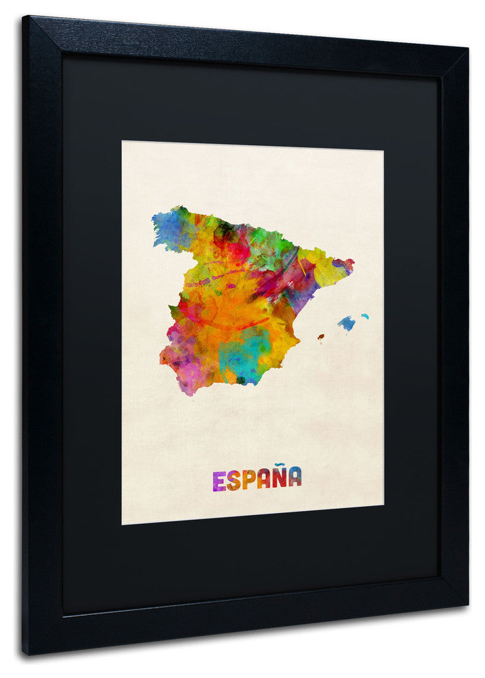 'Spain Watercolor Map' Matted Framed Canvas Art by Michael Tompsett