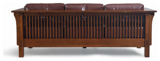 Mission Crofter Style Sofa Solid Quarter Sawn White Oak and Leather Cushions, Chestnut Leather