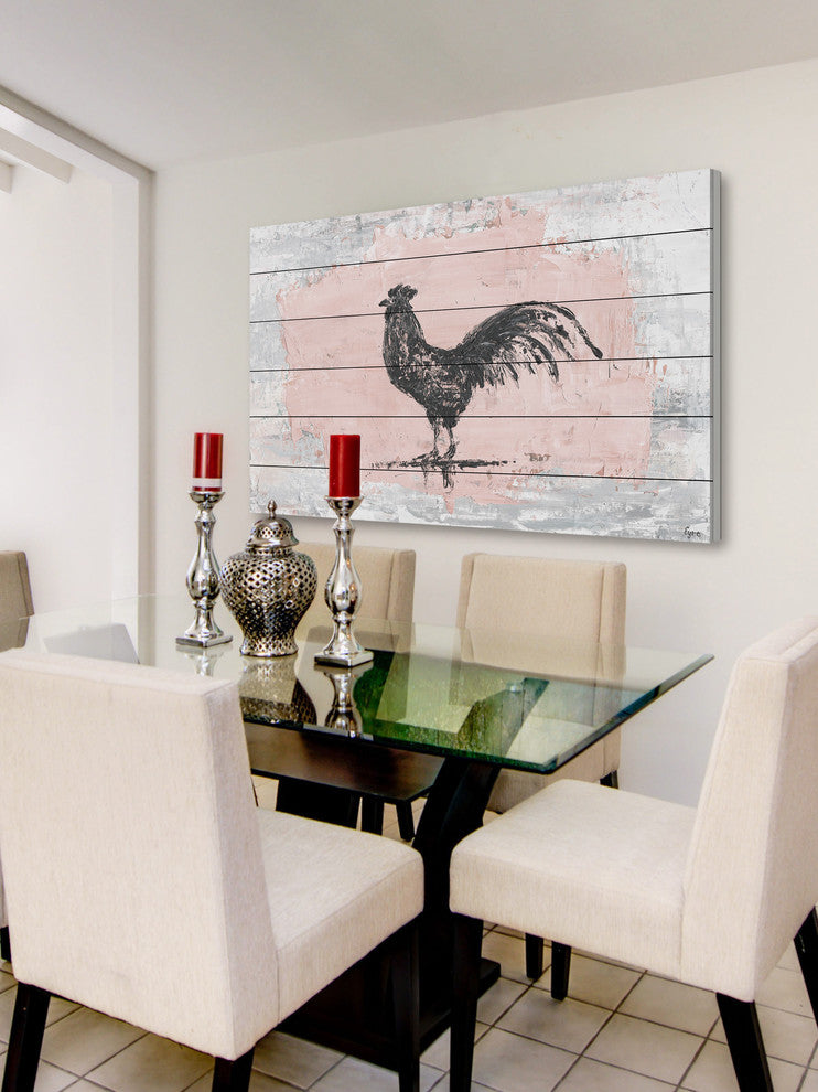 "Tranquil Rooster" Painting Print on White Wood, 36"x24"