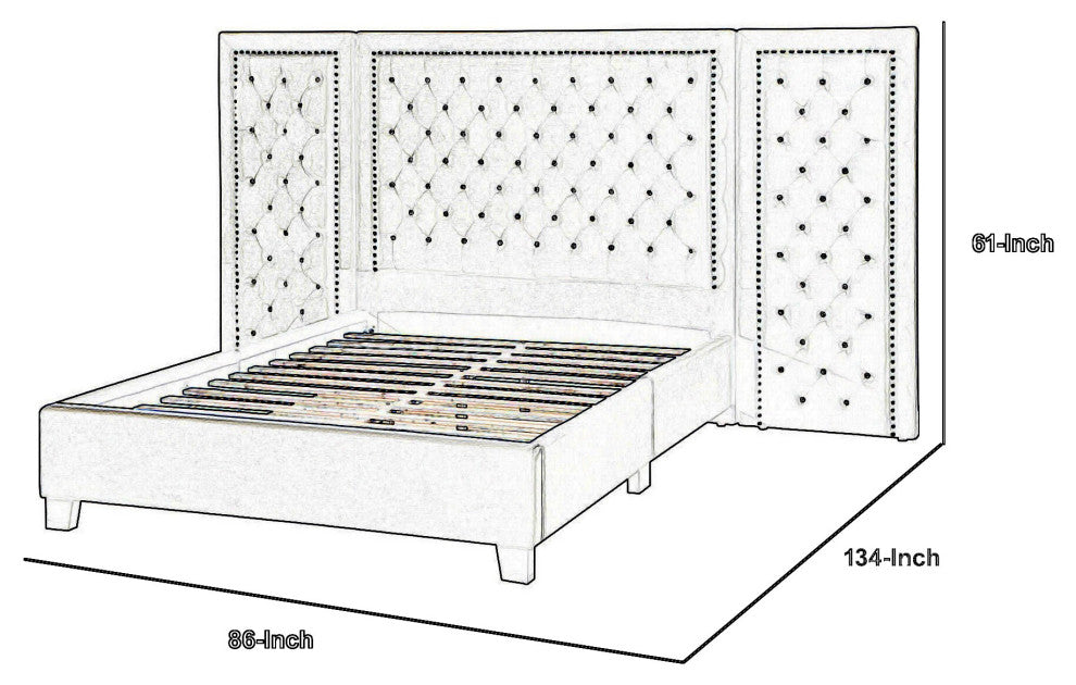 Benzara BM284036 King Size Bed, XL 3 Panel Headboard, Crystal Tufted, Blue