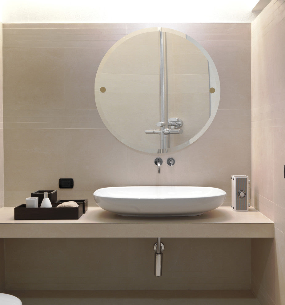 Montero Contemporary Frameless Round Beveled Edge Tilt Mirror, Satin Brass