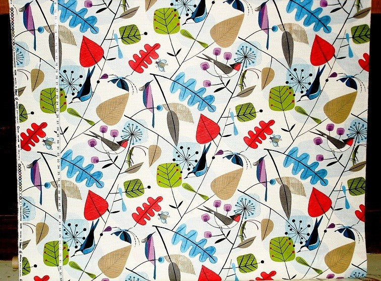 Scandinavian Fabric Retro Modern Graphic Bird Leaves, Sample Cut