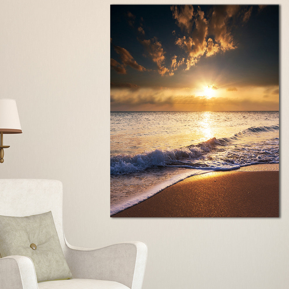 "Sunset Over Foaming Waves" Modern Beach Canvas Art Print, 20"x40"
