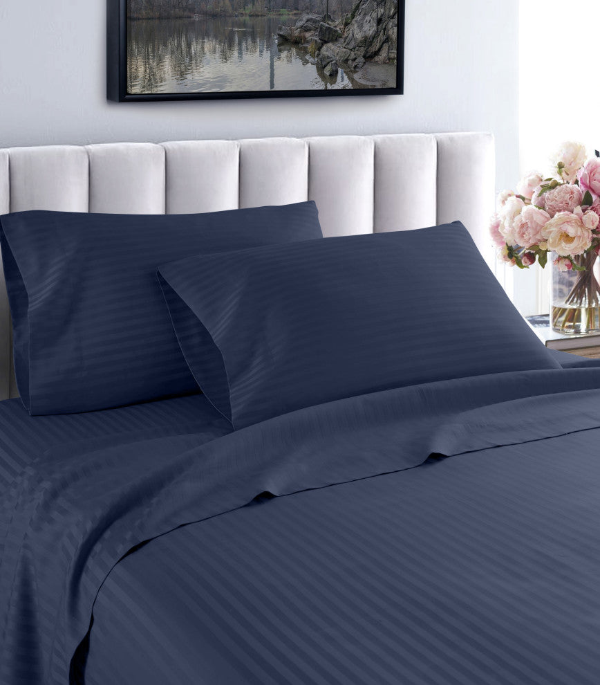 600 Thread Count 100% Cotton Stripe Sheet Set, Navy, Twin