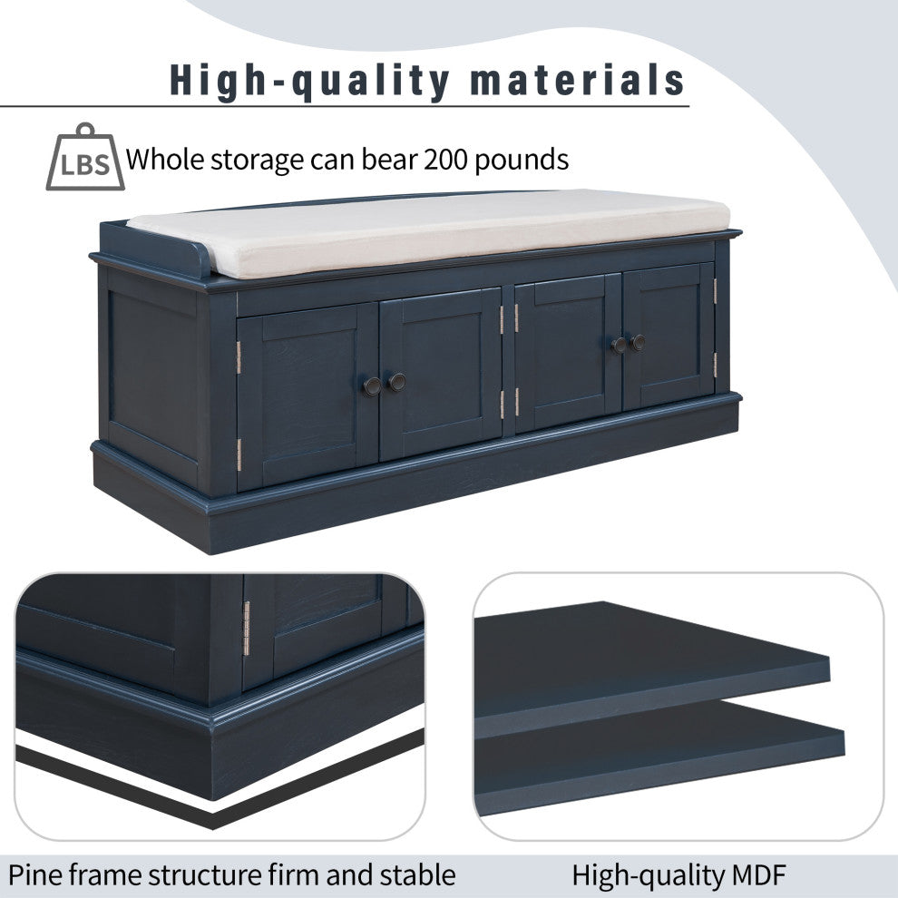 TATEUS 42" Wooden Storage Bench With 4 Doors and Adjustable Shelves for Entryway, Antique Navy