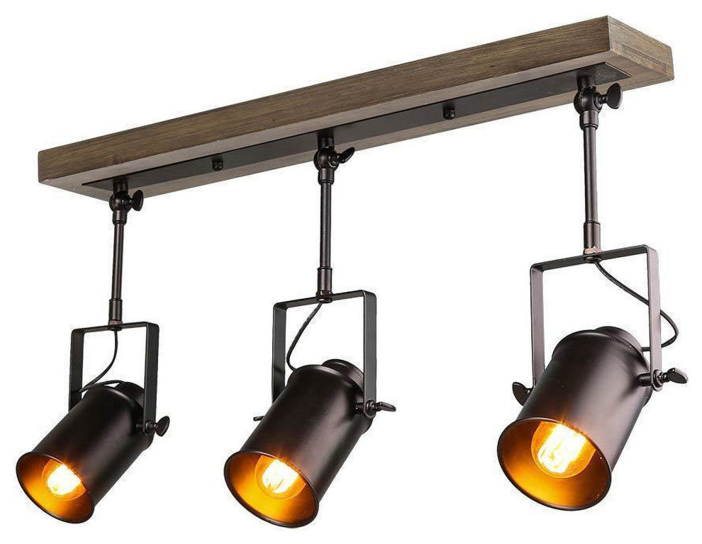 Industrial 3-Light Wood Close to Ceiling Track Lighting Spotlights, Black