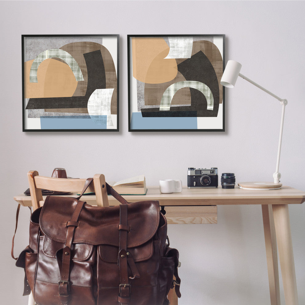Abstract Shape Collage Modern Brown Grey Blue,2pc, each 24 x 24