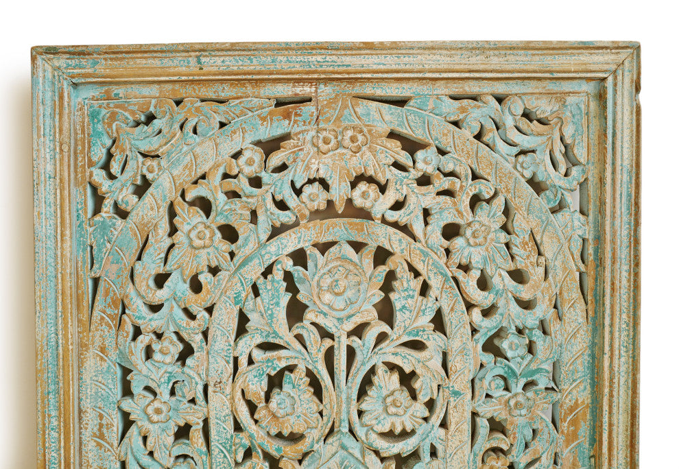 Consigned Blue Wash Wood Carved Panel