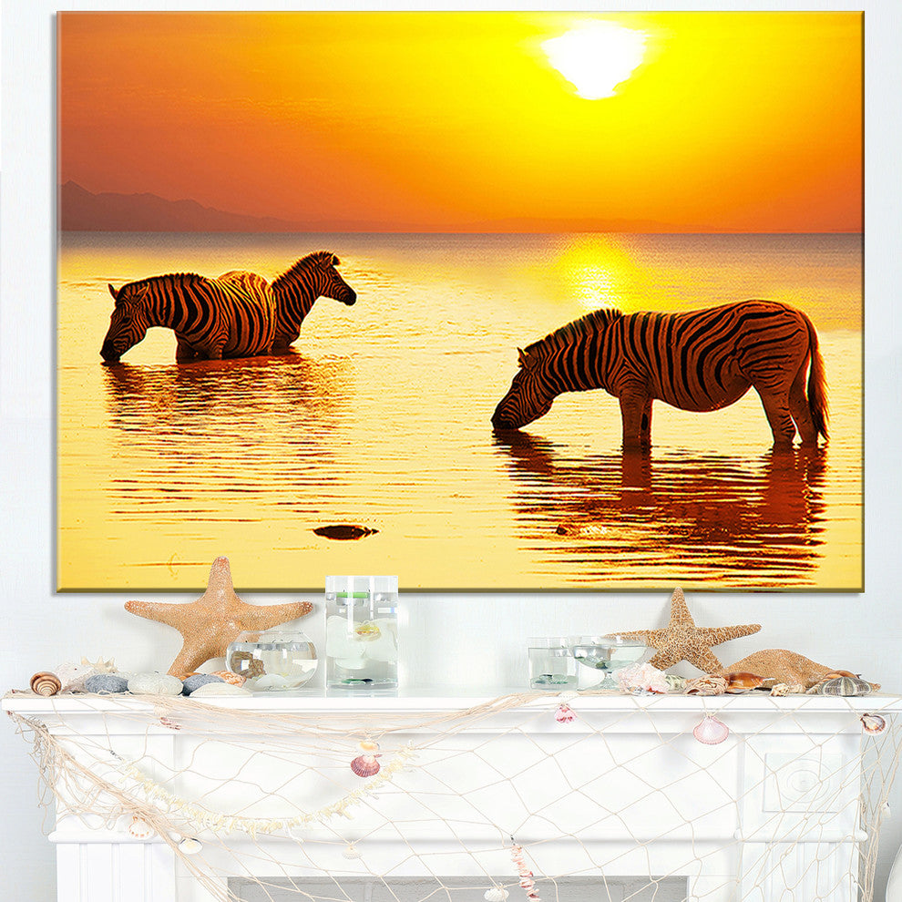 "Zebras Drinking in Lake At Sunset" Animals Artwork Canvas, 32"x16"